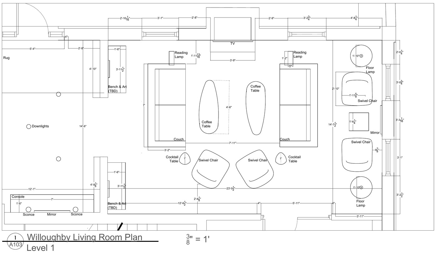 Willoughby living room furniture layout plan, sheet A103, scale 3/8 inch = 1 foot